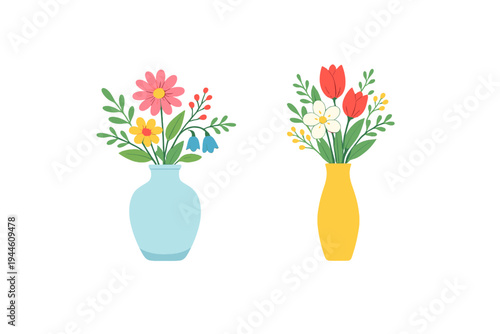 Two colorful flower arrangements in vases against a black background. One vase is light blue with pink and yellow flowers, while the other is yellow with red tulips and white blossoms.