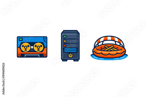A collection of three stylized icons featuring a blue and orange cassette tape, a dark computer server tower with status lights, and an orange inflatable life raft with oars.