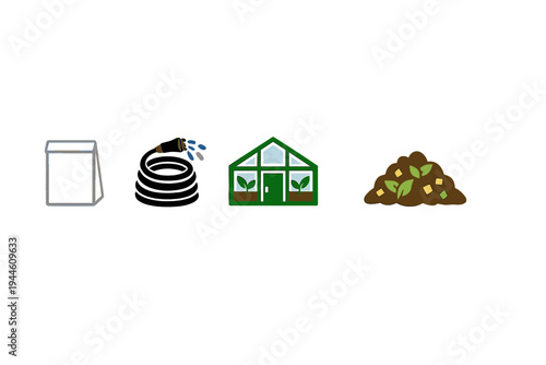 This collection features four flat vector icons representing gardening and agriculture: a white bag, a watering nozzle, a green greenhouse, and a pile of organic compost.