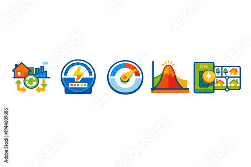 A set of five colorful icons representing energy management, including a smart grid, electricity meter, performance gauge, peak usage graph, and power control switch on a black background.