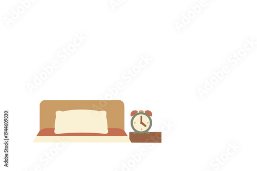 A minimalist illustration of a bed with a cream pillow and a tan headboard next to a small nightstand holding a round alarm clock, set against a solid black background.