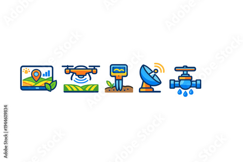 Five colorful flat icons depicting smart farming technology such as a digital map, drone, soil sensor, satellite dish, and irrigation valve, all displayed against a solid black background.