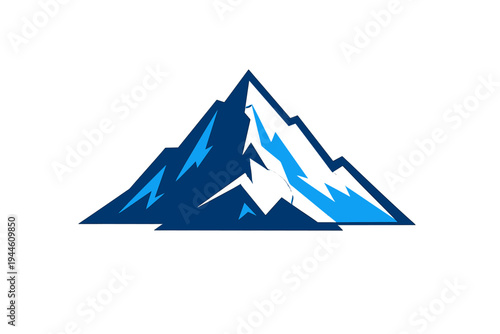 A stylized graphic illustration of a snow-capped mountain peak featuring shades of blue and white against a solid black background. The design uses sharp geometric shapes and flat colors.