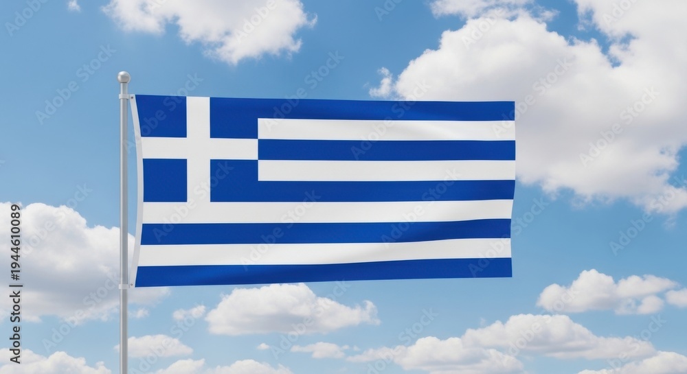 Obraz premium Greek flag waving proudly against a bright blue sky with scattered clouds
