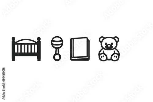 A collection of four minimalist black line icons representing nursery items including a baby crib, a rattle, a book, and a teddy bear, all set against a clean white background.