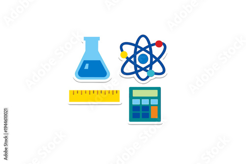 Four stylized educational icons featuring a blue laboratory flask, a colorful atom model, a yellow measuring ruler, and a teal calculator isolated on a black background.