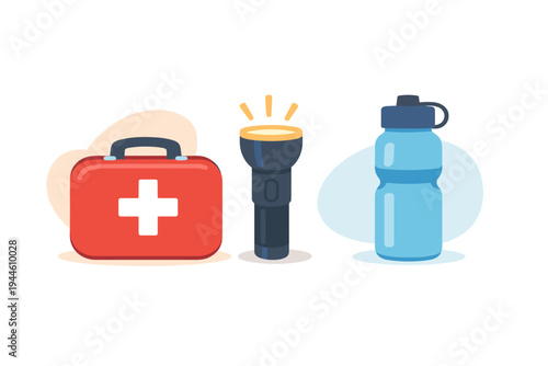 A flat vector illustration featuring a red first aid kit with a white cross, a black flashlight emitting light, and a blue water bottle on a white background with soft shapes.