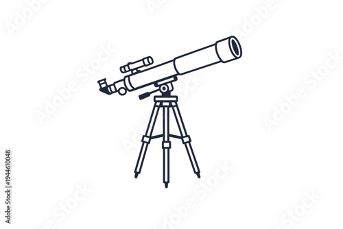 A minimalist line art illustration of a refractor telescope mounted on a sturdy tripod, designed for astronomical observation and stargazing against a plain background.