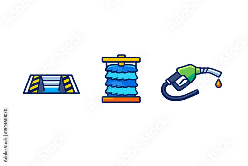 Three colorful icons representing car maintenance services including a service pit with hazard stripes, a blue car wash brush, and a green fuel pump nozzle with a drop of orange liquid.