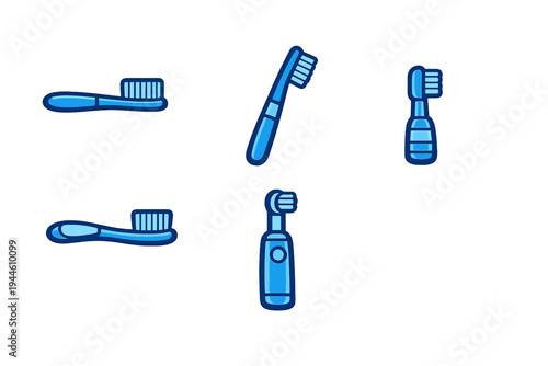 A collection of five blue toothbrush icons in various styles, including manual and electric versions, presented in a clean vector illustration on a solid black background.