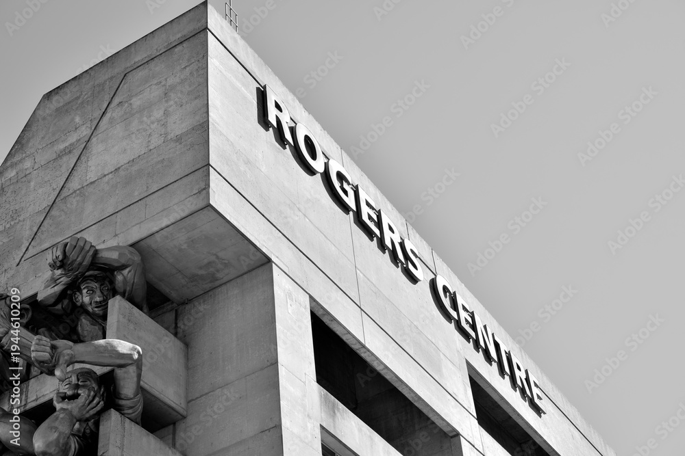 Naklejka premium black and white view of Roger Centre stadium and art installation by Michael Snow called 