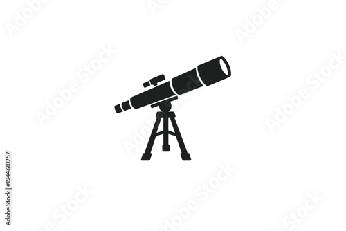 A black silhouette of a telescope mounted on a tripod is centered against a plain white background. This minimalist illustration represents astronomy, science, and space exploration.