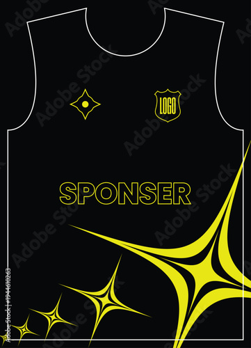 Black Sports Jersey Template with Yellow Sharp Star Graphics and Dynamic Shapes