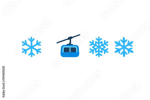This minimalist illustration features a blue gondola lift icon surrounded by three blue snowflakes against a dark black background, symbolizing winter sports and travel.