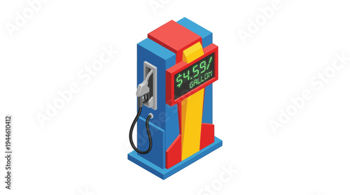 A colorful isometric illustration of a gas pump displaying a price of $4.59 per gallon.