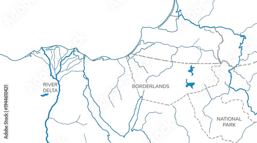 Map illustrating a river delta, borderlands, and a national park with interconnected waterways and lakes.