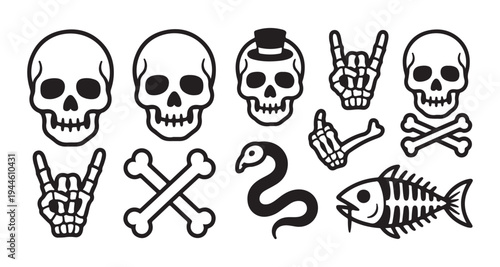 Skull and bones vector illustration set with skeleton hands fish bone snake and rock hand signs art