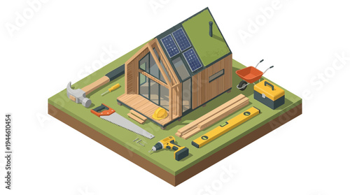 Isometric illustration of a modern eco-friendly house under construction with solar panels and various building tools.