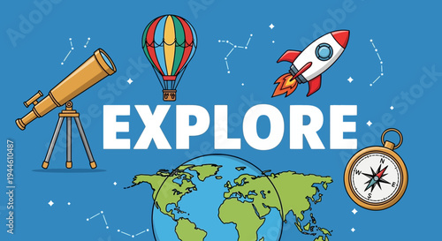 Space Shuttle Launch with World War II Rocket Cartoon Illustration in Space