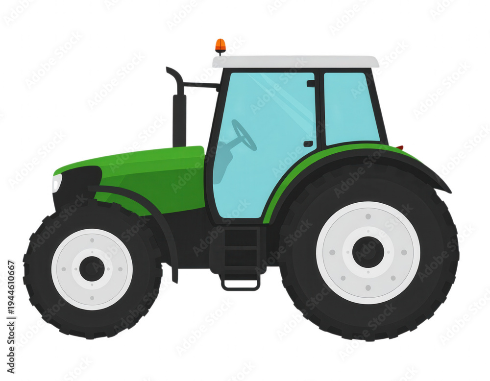 Obraz premium Green tractor with large wheels and a blue window isolated on a transparent background
