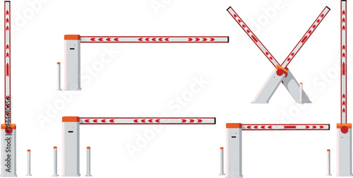 Automatic parking barrier gate system set security boom gate variations for vehicle access control toll entrance parking lot checkpoint illustration vector design