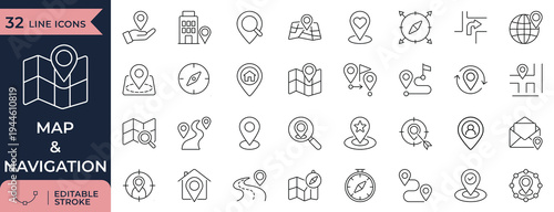Map navigation and GPS location line icon set with route, pin and compass symbols