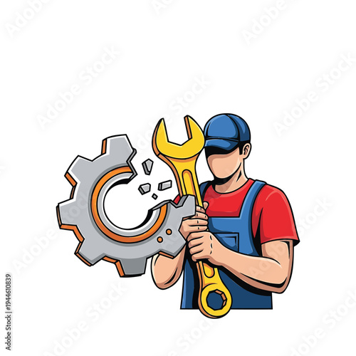 Dedicated mechanic skillfully resolves a fractured cogwheel issue with a large wrench, symbolizing essential repair, maintenance, and problem-solving expertise