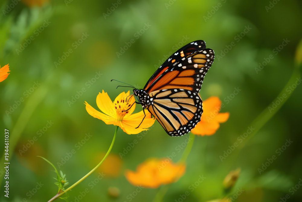 Fototapeta premium Monarch Butterfly Sipping Nectar from a Vibrant Yellow Cosmos Flower in a Lush Green Garden, Capturing the Delicate Beauty of Nature's Interconnectedness