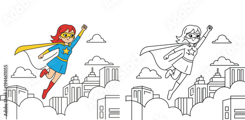Dynamic Cartoon Superhero Girl Flying Over Cityscape with Clouds