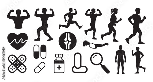 Athletic activity and healthcare icons featuring running bodybuilding medical supplements and bandages