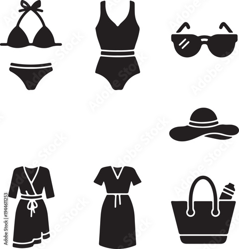 Summer vacation silhouette icons of swimwear and accessories