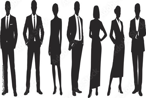 Flat vector silhouettes of diverse business professionals standing confidently in corporate attire, teamwork concept, leadership illustration, office culture, workplace diversity design