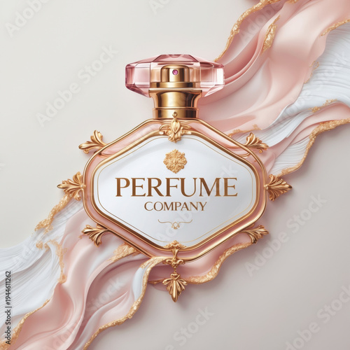 An elegant perfume bottle features an ornate gold frame and a pink faceted crystal cap. Soft flowing waves of peach silk with golden glitter edges surround the bottle on a light background.