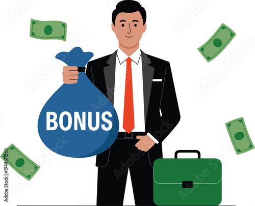 Businessman holding bonus money bag with flying cash salary reward incentive financial success payment concept vector illustration