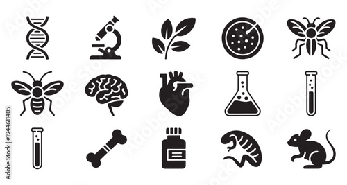 Science and research icons set with dna, microscope, brain, heart, test tube, and laboratory flask