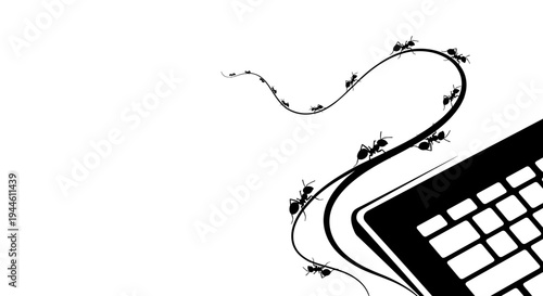Ant trail winding around a computer keyboard in a minimalistic design  