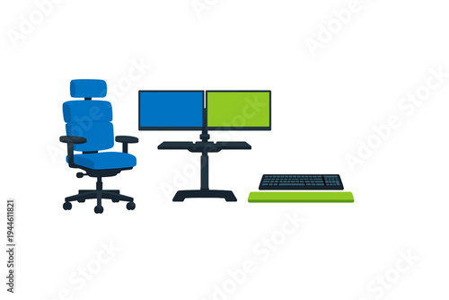 A flat illustration of a modern workstation featuring a blue ergonomic office chair, dual computer monitors on a stand, a keyboard, and a green wrist rest against a black background.