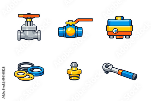 A collection of six industrial plumbing and mechanical icons including valves, gaskets, a pressure gauge, and a socket wrench, presented in a stylized vector format on a black background.