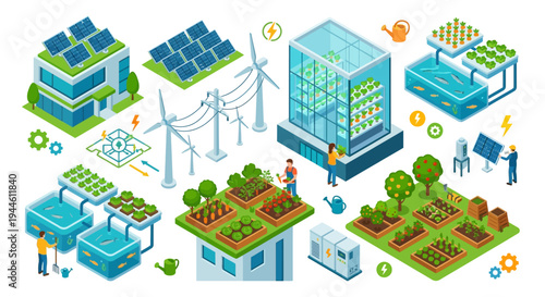 Sustainable future Solar wind and vertical farming technologies illustrated
