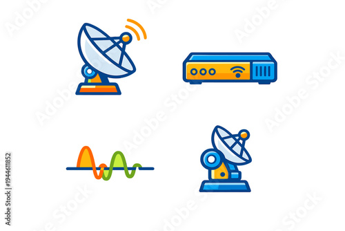 This set of four flat icons includes two satellite dishes, a wireless internet router, and a frequency signal wave. The graphics are designed in a blue and orange color scheme.