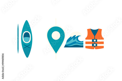 A collection of four flat icons featuring a blue kayak with a paddle, a teal location pin, a stylized ocean wave, and an orange life jacket set against a black background.