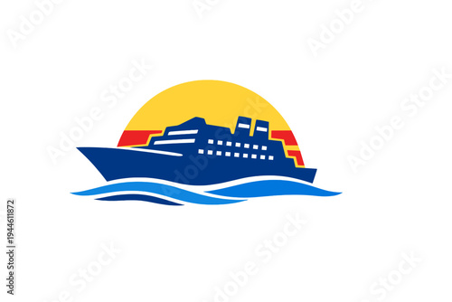 A stylized graphic illustration of a dark blue cruise ship sailing on blue waves against a large yellow sun and red sunset horizon, set against a solid black background.