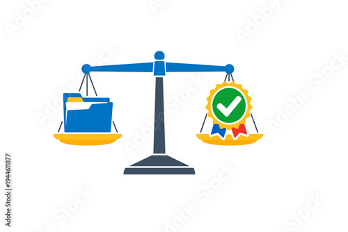 A flat illustration of a balance scale weighing a blue file folder against a gold quality seal with a green checkmark, symbolizing the balance between documentation and certification.