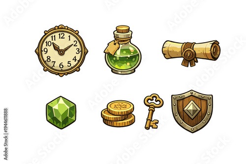 A collection of seven fantasy game icons including a clock, green potion, sealed scroll, emerald gemstone, gold coins, ornate key, and a wooden shield on a black background.