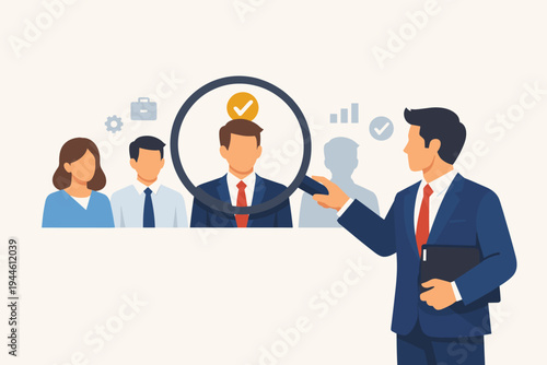 Professional businessman recruiter holding a magnifying glass to select the best qualified candidate for a job position from a group of diverse applicants, recruitment and human resources concept.