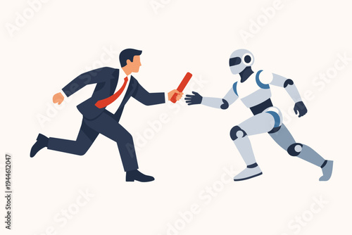 Businessman in Suit Passing a Relay Baton to a Robot in a Simple Flat Vector Illustration Representing AI Automation, Digital Transformation, Future of Work, and Human-Robot Collaboration Concept