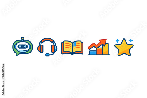 A set of five colorful flat icons including a chatbot, headphones, an open book, a bar chart with an arrow, and a star, all displayed in a horizontal row on a black background.