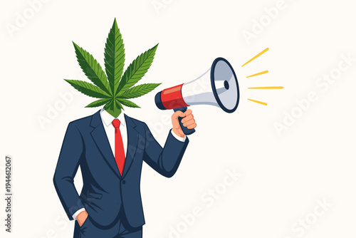 Vector illustration of a businessman in a blue suit and red tie with a green cannabis leaf instead of a head, holding a megaphone to make an announcement about the marijuana industry and legalization.