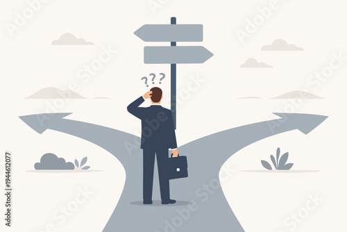 Businessman Standing at a Crossroads with Briefcase, Feeling Confused and Uncertain About Career Path Direction, Looking at Blank Signposts on a Split Road, Strategic Decision Making Concept