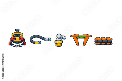 A collection of five stylized industrial icons including a circular saw, hydraulic hose, grease fitting, caliper, and track link, presented in a flat vector style on a black background.